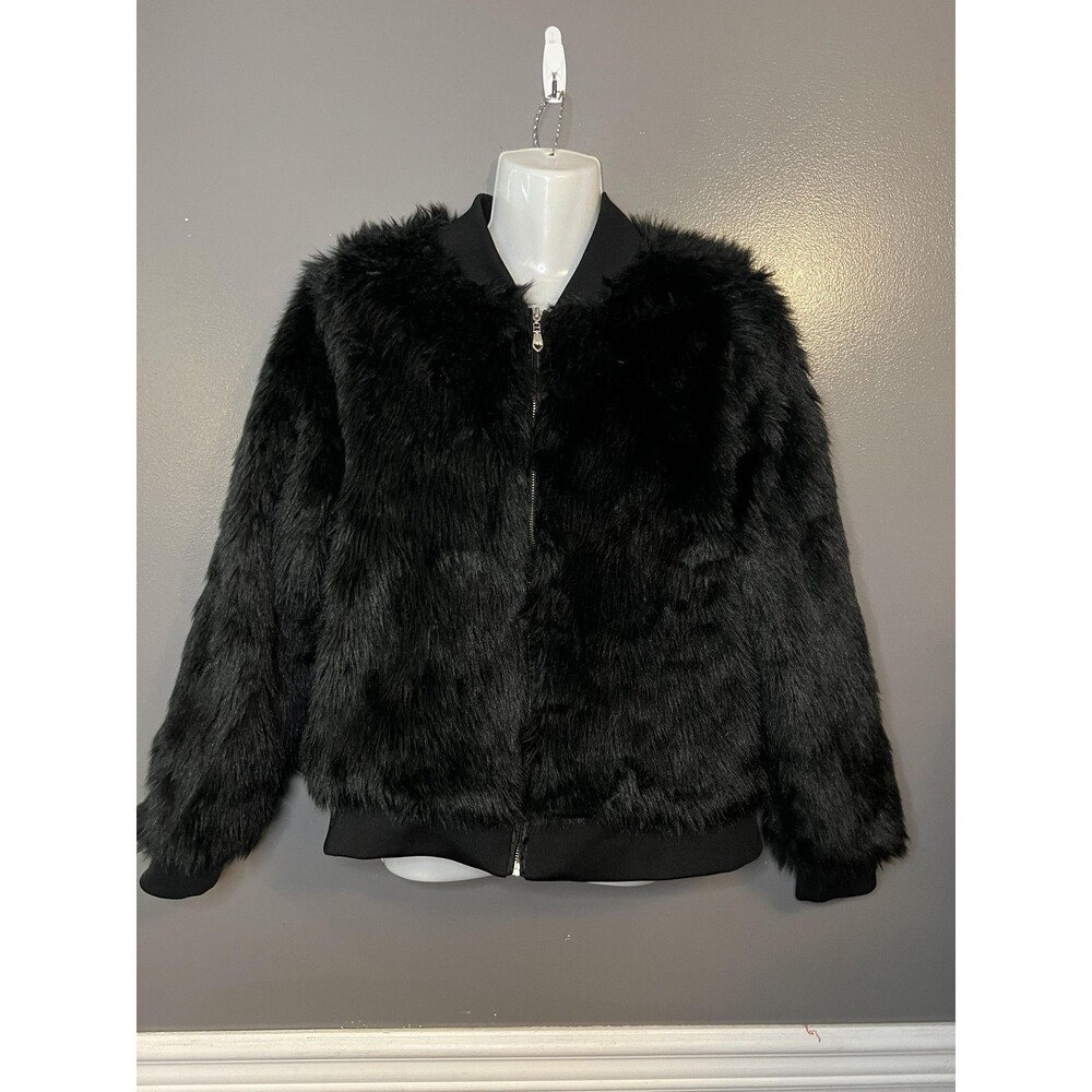 Say What Jacket Womens Large Black Faux Fur Bomber Zip Heart Pull Lined Ribbed